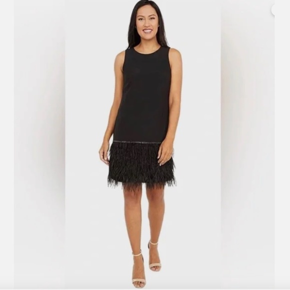 Tahari Black Jewel Neck Sheath Cocktail Dress Ostrich feather Sz 8 - Picture 1 of 9